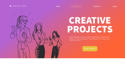 Wall Mural - Creative projects landing page design template with office woman group. Business lady, feminism concept. Website banner, mobile app, ui. Hand drawn sketch style. Vector illustration.