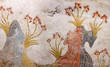 Springtime Fresco with trees, lilies flowers and swallows from palace of Minoan Settlement at Akrotiri on Santorini island, Cyclades, Greece