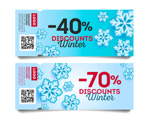 Wall Mural - Winter sale Coupon Template with discounts, snowflakes illustration on dlue frosty backdrop with torn-off part and qr code