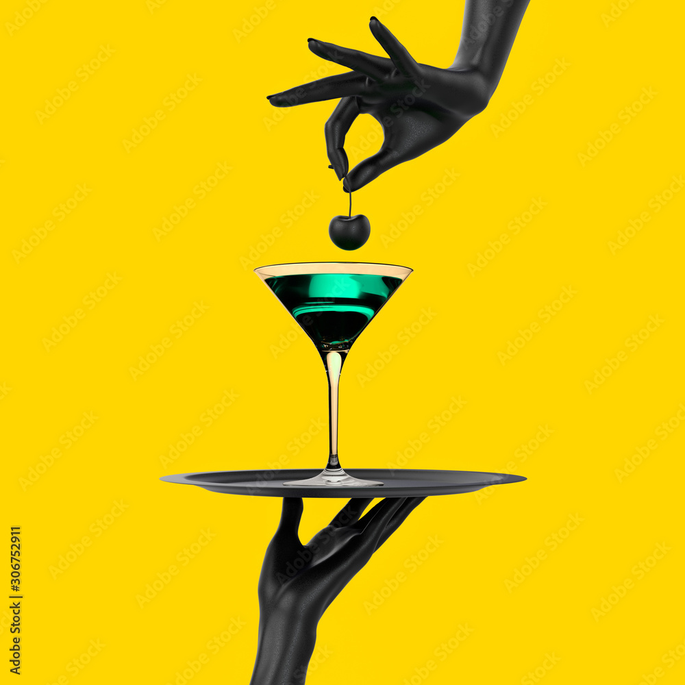 Black Hand holding tray with cocktail martini glass isolated on yellow. Party promo banner creative concept with alcoholic drink beverage, 3d illustration. - obrazy, fototapety, plakaty 