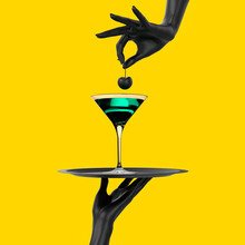 Black Hand Holding Tray With Cocktail Martini Glass Isolated On Yellow. Party Promo Banner Creative Concept With Alcoholic Drink Beverage, 3d Illustration.