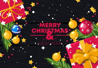 Wall Mural - vector illustration of christmas gifts with christmas tree toys, top view, on textured dark wood tex