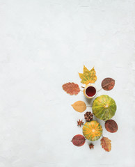 two decorative pumpkins and a Cup of tea on a gray concrete background, autumn minimalism, top view, space for text