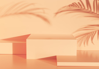 Poster - pastel color blank product stand with tropical leaves shadows. empty podium mockup for cosmetic prod