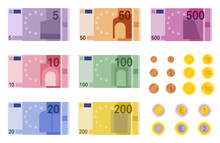 Euro Banknotes. European Banks Financing, Paper Euro And Dollar Money And Coins Of Different Denominations, Business Banking Vector Element
