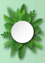 Paper Tropical Leaves. Papercut Summer Beach Exotic Pulm Decoration Vector Round Banner