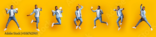 Collage of funny afro guy jumping in air on yellow background Poster Mural XXL