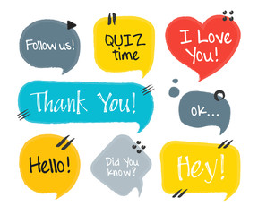 Poster - Hand drawn set of speech bubbles with handwritten short phrases hey, thank you, hello, ok, i love you, quiz time, follow us, did you know. Vector illustration
