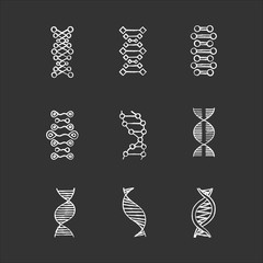 Wall Mural - DNA double helix chalk icons set. Deoxyribonucleic, nucleic acid. Spiraling strands. Chromosome. Molecular biology. Genetic code. Genome. Genetics. Medicine. Isolated vector chalkboard illustrations