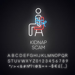 Sticker - Kidnap scam neon light icon. Virtual kidnapping. Ransom money request. Blackmailing. Family emergency scam. Glowing sign with alphabet, numbers and symbols. Vector isolated illustration