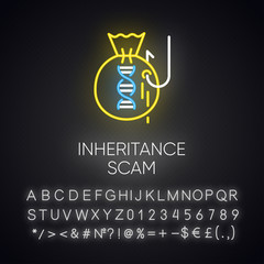 Wall Mural - Inheritance scam neon light icon. Fake benefactor. Distant relative trick. Financial fraud. Illegal money gain. Phishing. Glowing sign with alphabet, numbers and symbols. Vector isolated illustration