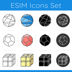 Wall Mural - Geometric figures icons set. Lines enclosed in sphere. Dodecahedron. Cube with grid. Abstract shapes. Isometric forms. Flat design, linear, black and color styles. Isolated vector illustrations