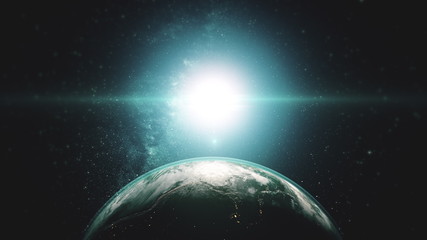 Wall Mural - earth night day transition sunrise world skyline. realistic planet rotating from space. sun flare. 3