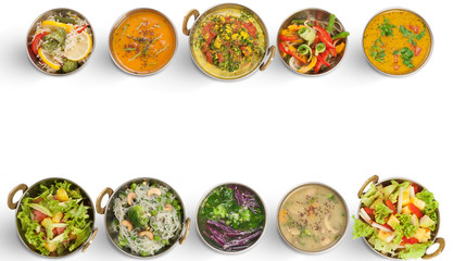 Restaurant menu of different main courses, soups and salads