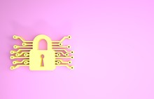 Yellow Cyber Security Icon Isolated On Pink Background. Closed Padlock On Digital Circuit Board. Safety Concept. Digital Data Protection. Minimalism Concept. 3d Illustration 3D Render