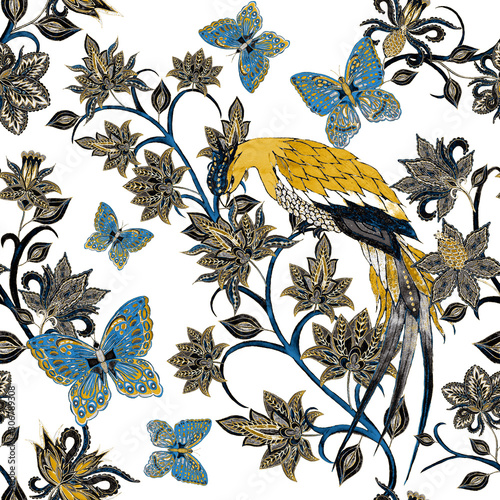 Watercolor seamless pattern with paisley flowers, butterflies and birds in et...