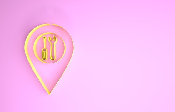 Yellow Location with crossed screwdriver and wrench tools icon isolated on pink background. Pointer settings symbol. Minimalism concept. 3d illustration 3D render