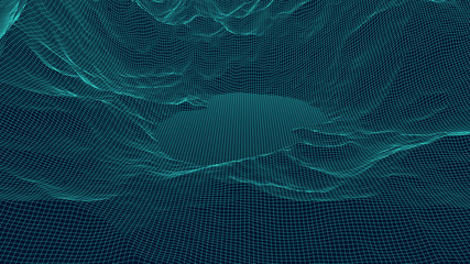 Fototapete - Vector wireframe 3d landscape with an abstract lake. Technology grid illustration. Network of connected dots and lines.