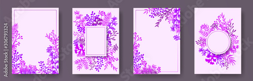 Hand drawn herb twigs, tree branches, leaves floral invitation cards collecti...