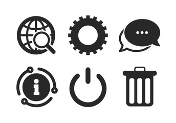 Poster - recycle bin delete and power sign symbols. chat, info sign. globe magnifier glass and cogwheel gear 