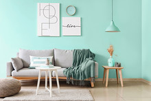 Stylish Interior Of Living Room In Turquoise Color