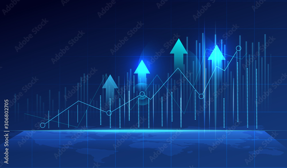Business candle stick graph chart of stock market investment trading on blue background. Bullish point, Trend of graph. Eps10 Vector illustration. - obrazy, fototapety, plakaty 