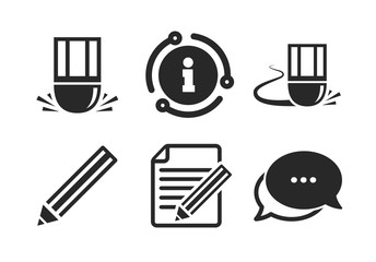 Poster - edit document file. chat, info sign. pencil icon. eraser sign. correct drawing symbol. classic style