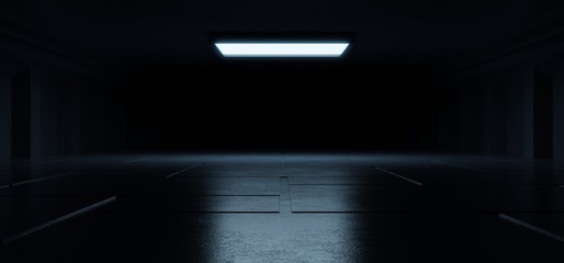 Empty light blue studio room futuristic Sci Fi big hall room with lights blue, Future background for design.