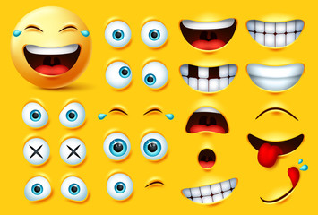 Wall Mural - Smiley emoji creation kit vector set. Smileys emoticons and emojis face kit eyes and mouth in surprise, excited, hungry, and funny feelings isolated in yellow background. Vector illustration.