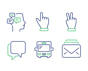 Talk bubble, Messages and Click hand line icons set. Bus, Victory hand and Mail signs. Chat message, Notifications, Direction finger. Tourism transport. Business set. Vector