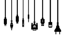 Connectors And Sockets For PC And Mobile Devices. Different Kinds Of Plug Wire Cables Black And White Vector Illustration