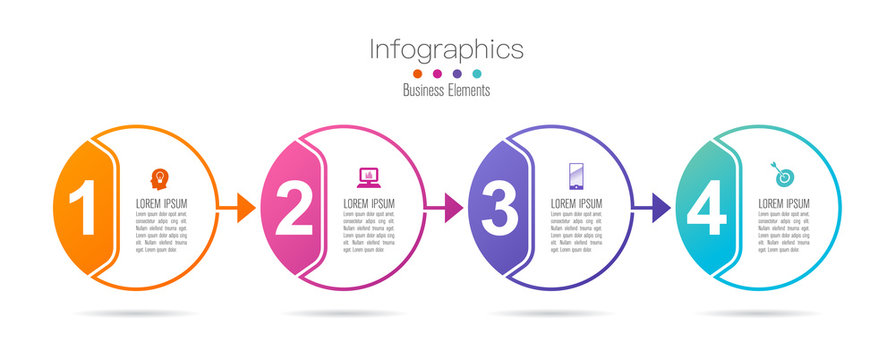 Infographics design vector with 4 options and business icons. Use in corporate report, marketing, annual report. Network management data screen with charts, diagrams.