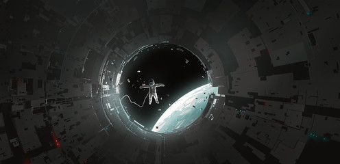 astronauts leaving the cabin, science fiction illustrations, digital painting.
