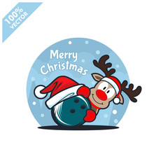 Bowling ball santa hat with cartoon christmas deer logo vector