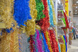 Christmas colorful tinsel closeup on the counter in the store. 