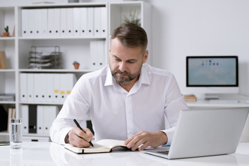 Poster - Serious bearded businessman thinking of ideas and making notes in notebook