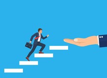Business Startup Concept. Businessman Running The Stairs Up To Be Success. Vector Illustration In Flat Style