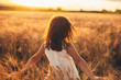 © Strelciuc - Back view of a lovely little girl walking in a wheat field touching wheat with hands against sunset.
