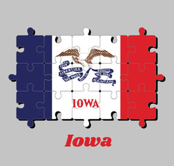 Wall Mural - Jigsaw puzzle of Iowa flag, vertical tricolor of blue white and red and the image of a bald eagle with a long ribbon.  The states of America, Concept of Fulfillment.