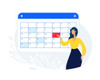 The cute girl is planning a meeting or work in the schedule. Natural background. A woman is making an appointment pointing to the date on the calendar. The concept of goal setting. Flat vector