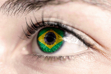 Flag of Brazil reflects in woman green eye - close-up view - election, sport, hope, young, generation	