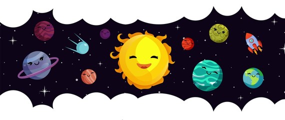 Wall Mural - space banner template. vector cartoon planets, solar system and rocket. universe and starry sky. ill