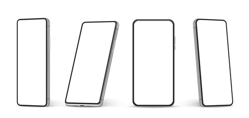 Canvas Print - Realistic smartphone mockup. Cellphone with blank white screen, mobile phone in different angles of view Vector 3d isolated template. Illustration smartphone screen, phone blank