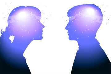Wall Mural - profile of a young woman and a man with mental activity brain and consciousness, with the cosmos as 