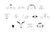 Collection Of Cute Animal Faces. Details Of The Portrait, Nose, Eyes, Mustache, Mouth. Universal Elements For Baby Design. Doodle Vector Illustration Isolated On White Background