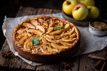 Homemade Delicious Fresh Baked Rustic Apple Pie On Dark Background