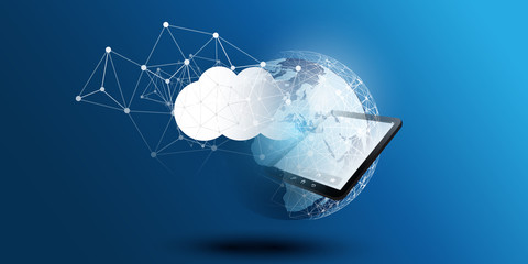 Poster - Cloud Computing Design Concept - Digital Connections, Technology Background with Earth Globe, Tablet PC Device and Geometric Network Mesh