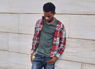 Wall Mural - Young african man wearing casuals, red plaid shirt on city street over gray brick wall background