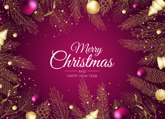 merry christmas and happy new year. xmas background with winter plants