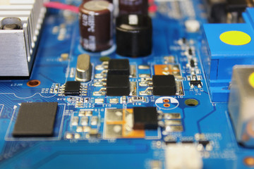 Closeup of electronic circuit board or PCB printed circuit board